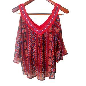 Womens Top Sz M Whimsigoth Dark Fairy Festival Flowy Romantic Hippie Sheer Red